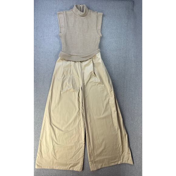 Anthropologie Du Paradis Twofer Jumpsuit Knit Mixed Media Wide Leg Tan Sz Small - Picture 4 of 14